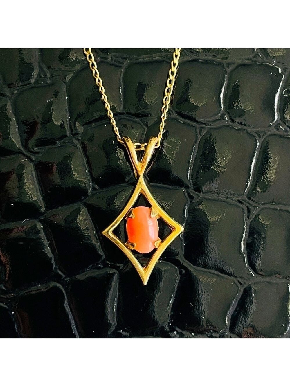 Vintage 12k Gold Filled Geometric Pendant With Faux Coral Antique Neckla…